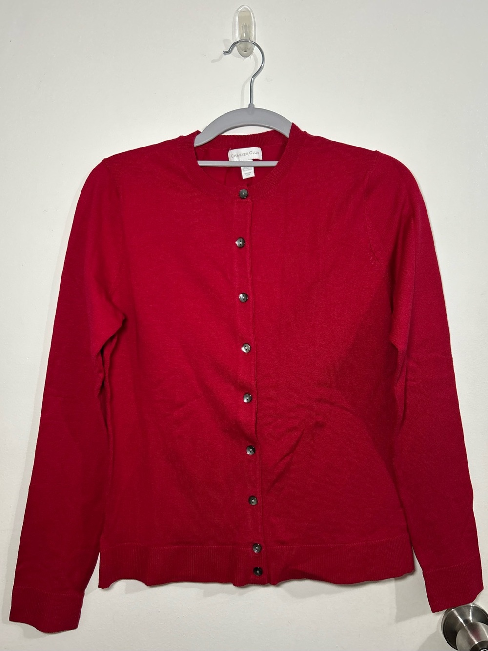 Charter Club Red Button-Front Crewneck Silk / Cotton Blend Cardigan